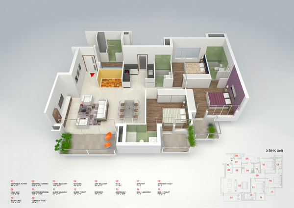 Vista 3d apartamento de 3 dormitorios