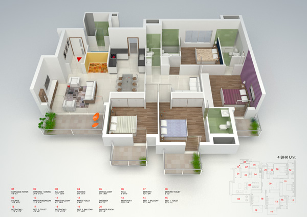 Vista 3d apartamento de 4 dormitorios